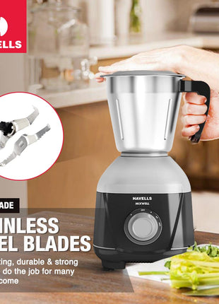 Havells MIXWELL 500 W 3 Jar Mixer Grinder, 304 SS Blades I High Speed 21000 RPM Motor, Heavy and Wider mouth SS Jars, All Jars with Handle (Black and Grey) 