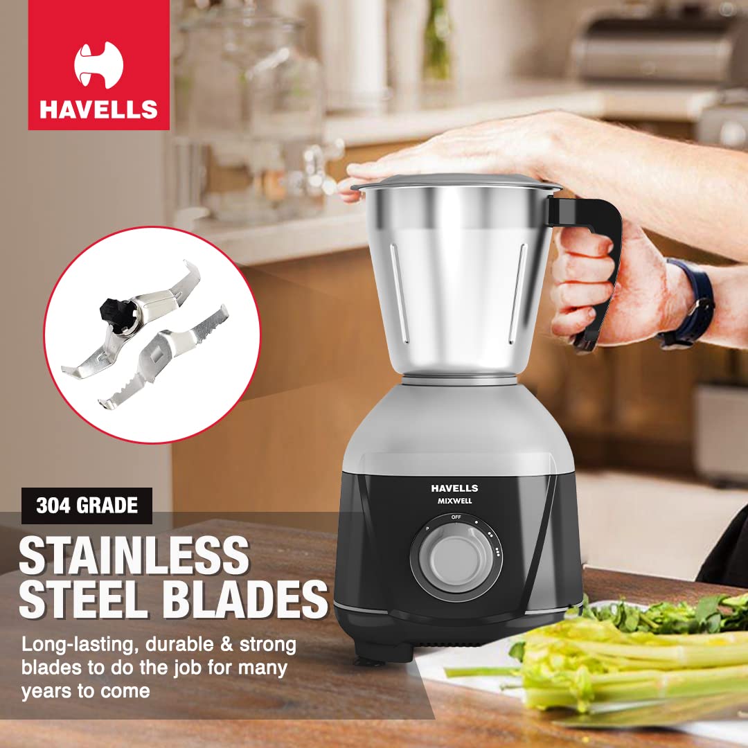 Havells MIXWELL 500 W 3 Jar Mixer Grinder, 304 SS Blades I High Speed 21000 RPM Motor, Heavy and Wider mouth SS Jars, All Jars with Handle (Black and Grey) 