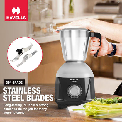 Havells MIXWELL 500 W 3 Jar Mixer Grinder, 304 SS Blades I High Speed 21000 RPM Motor, Heavy and Wider mouth SS Jars, All Jars with Handle (Black and Grey) 