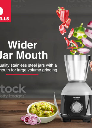 Havells MIXWELL 500 W 3 Jar Mixer Grinder, 304 SS Blades I High Speed 21000 RPM Motor, Heavy and Wider mouth SS Jars, All Jars with Handle (Black and Grey) 