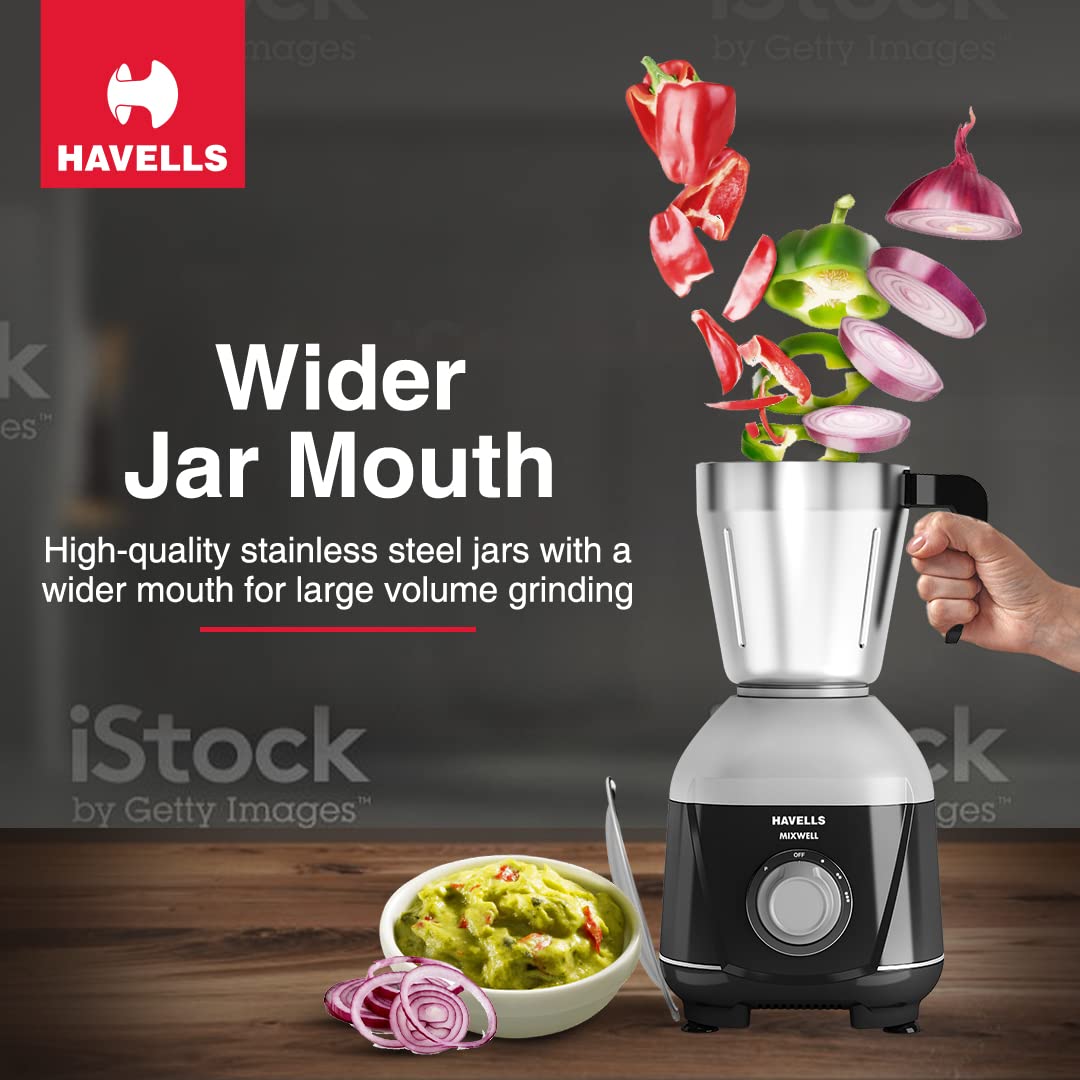 Havells MIXWELL 500 W 3 Jar Mixer Grinder, 304 SS Blades I High Speed 21000 RPM Motor, Heavy and Wider mouth SS Jars, All Jars with Handle (Black and Grey) 