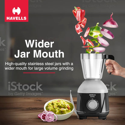 Havells MIXWELL 500 W 3 Jar Mixer Grinder, 304 SS Blades I High Speed 21000 RPM Motor, Heavy and Wider mouth SS Jars, All Jars with Handle (Black and Grey) 