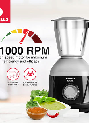 Havells MIXWELL 500 W 3 Jar Mixer Grinder, 304 SS Blades I High Speed 21000 RPM Motor, Heavy and Wider mouth SS Jars, All Jars with Handle (Black and Grey) 