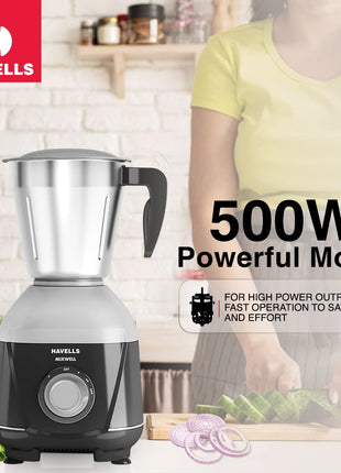 Havells MIXWELL 500 W 3 Jar Mixer Grinder, 304 SS Blades I High Speed 21000 RPM Motor, Heavy and Wider mouth SS Jars, All Jars with Handle (Black and Grey) 