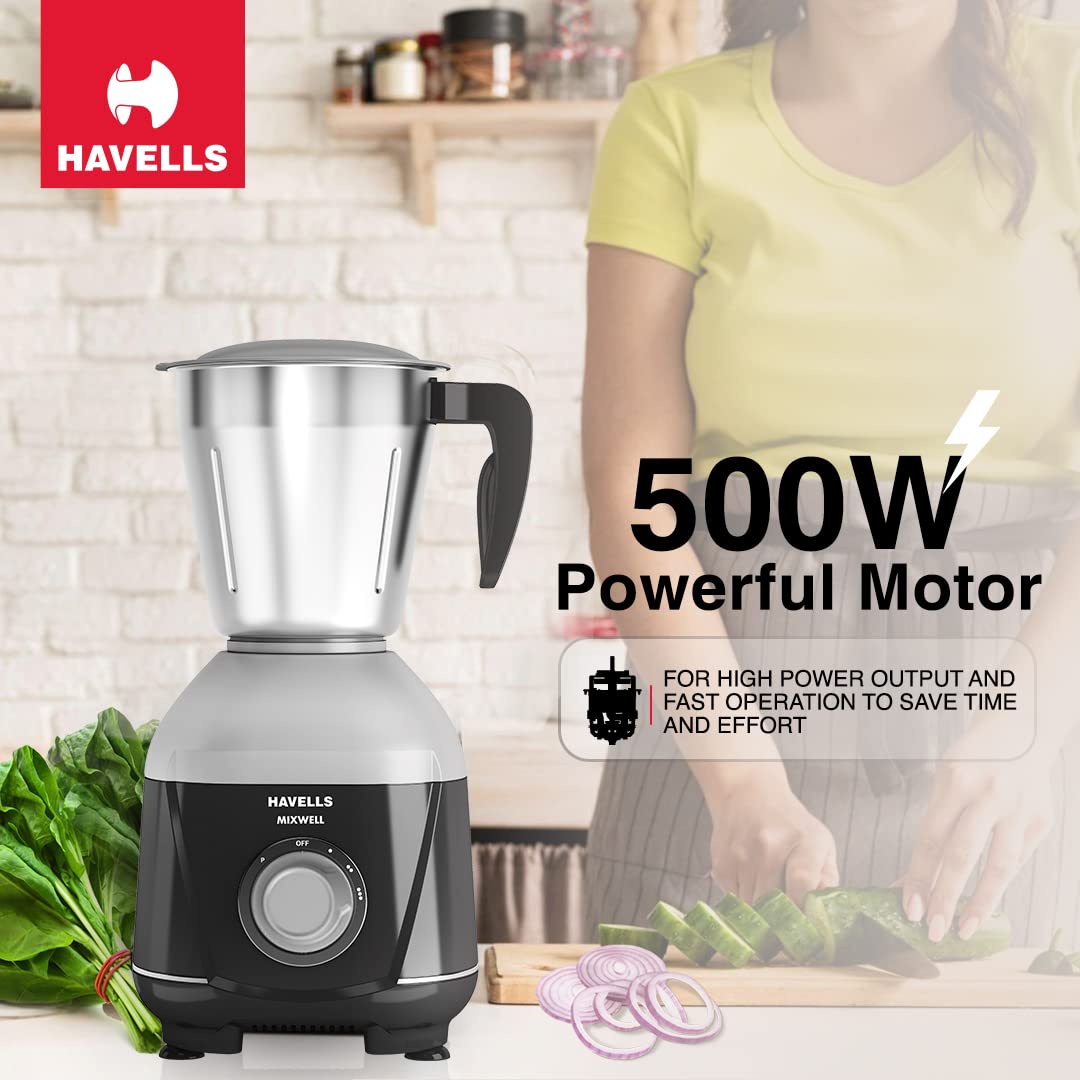 Havells MIXWELL 500 W 3 Jar Mixer Grinder, 304 SS Blades I High Speed 21000 RPM Motor, Heavy and Wider mouth SS Jars, All Jars with Handle (Black and Grey) 