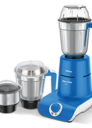 Havells Maxx Grind 750 watt Mixer Grinder with 3 Wider Mouth Stainless Steel Jar, Hands Free Operation, SS-304 Grade Blade, Overload Indicator & 5 Year Motor Warranty (Blue). 