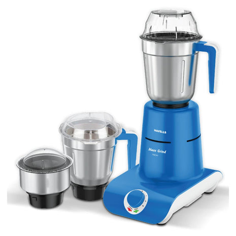 Havells Maxx Grind 750 watt Mixer Grinder with 3 Wider Mouth Stainless Steel Jar, Hands Free Operation, SS-304 Grade Blade, Overload Indicator & 5 Year Motor Warranty (Blue). 