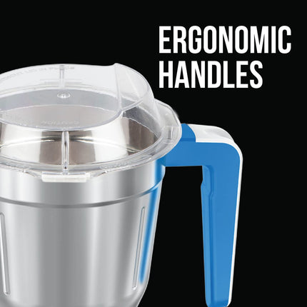 Havells Maxx Grind 750 watt Mixer Grinder with 3 Wider Mouth Stainless Steel Jar, Hands Free Operation, SS-304 Grade Blade, Overload Indicator & 5 Year Motor Warranty (Blue). 