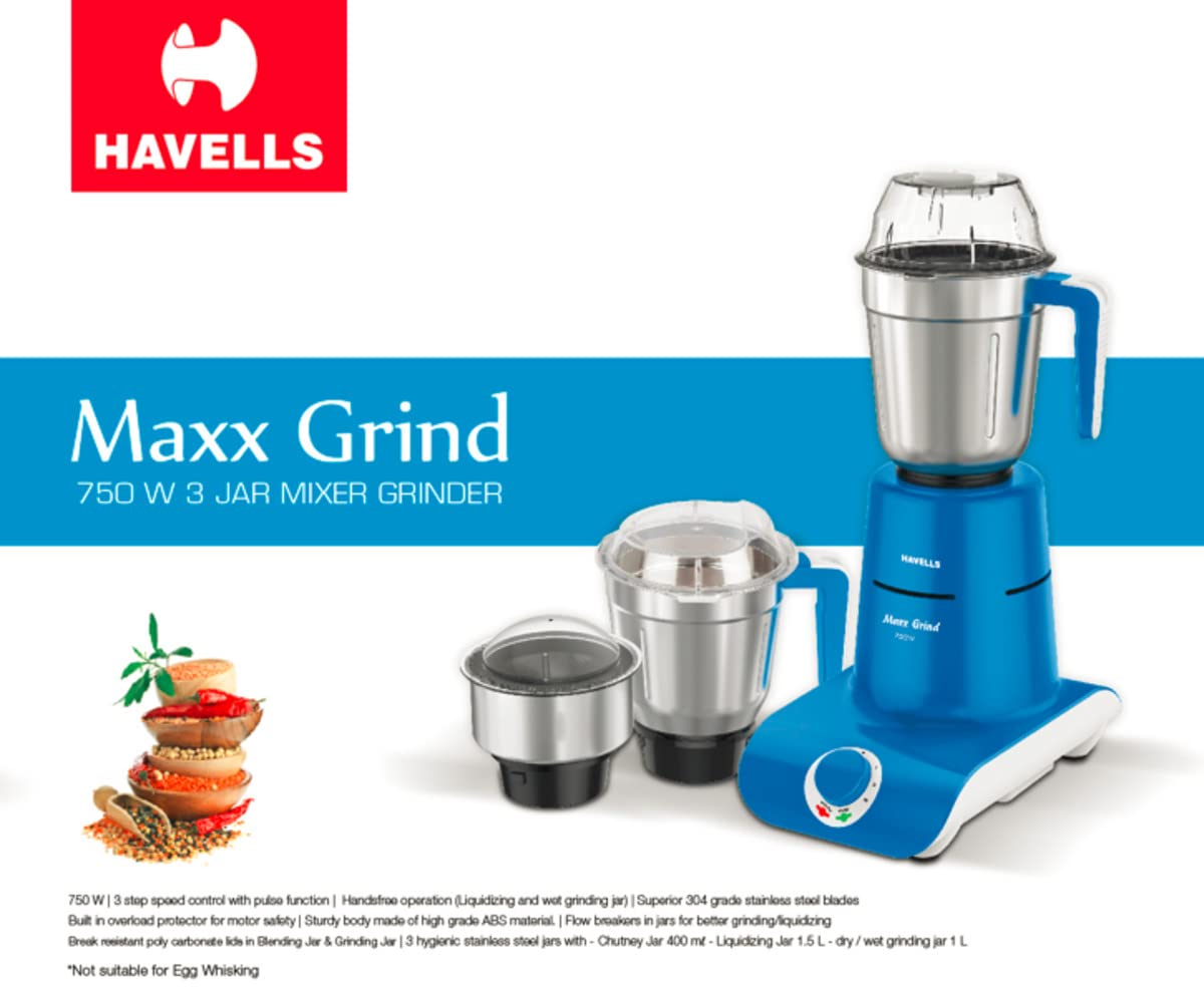 Havells Maxx Grind 750 watt Mixer Grinder with 3 Wider Mouth Stainless Steel Jar, Hands Free Operation, SS-304 Grade Blade, Overload Indicator & 5 Year Motor Warranty (Blue). 