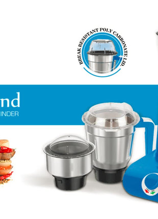 Havells Maxx Grind 750 watt Mixer Grinder with 3 Wider Mouth Stainless Steel Jar, Hands Free Operation, SS-304 Grade Blade, Overload Indicator & 5 Year Motor Warranty (Blue). 