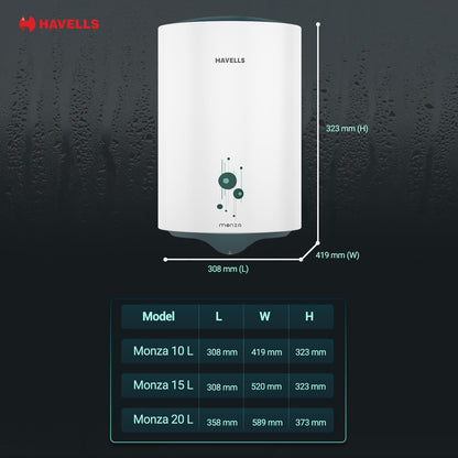 Havells Monza 10 Litre Storage Water Heater (Geyser) | Faster heating | Glass Coated Anti Rust Tank & Heavy Duty Heating Element | Warranty: 5 Year on Tank | High Rise Compatible 