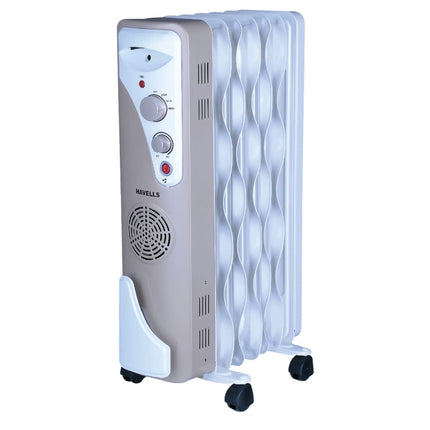 Havells OFR 7 Wave Fins (Oil Filled Radiator) with Fan| Room Heater| 1900 W| 3 Thermostatic Heat Power Settings & PTC Fan Control| Long-Lasting Heat| Comfortable Breathing|Uniform 360° Heating (Beige) 