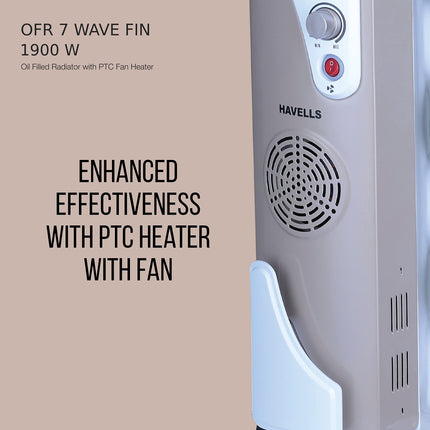 Havells OFR 7 Wave Fins (Oil Filled Radiator) with Fan| Room Heater| 1900 W| 3 Thermostatic Heat Power Settings & PTC Fan Control| Long-Lasting Heat| Comfortable Breathing|Uniform 360° Heating (Beige) 
