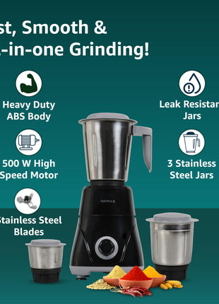 Havells Pulse 500 Watt Mixer Grinder|3 Stainless Steel Leak-Resistant Jars (400ml, 800ml, 1.2L)|3 Speed Control|Heavy-Duty ABS Body|Durable SS Blades|Air Vent Technology |1 Year Product Warranty|Black 