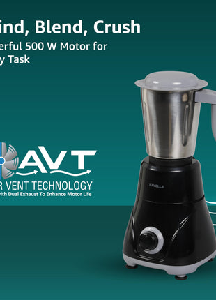 Havells Pulse 500 Watt Mixer Grinder|3 Stainless Steel Leak-Resistant Jars (400ml, 800ml, 1.2L)|3 Speed Control|Heavy-Duty ABS Body|Durable SS Blades|Air Vent Technology |1 Year Product Warranty|Black 
