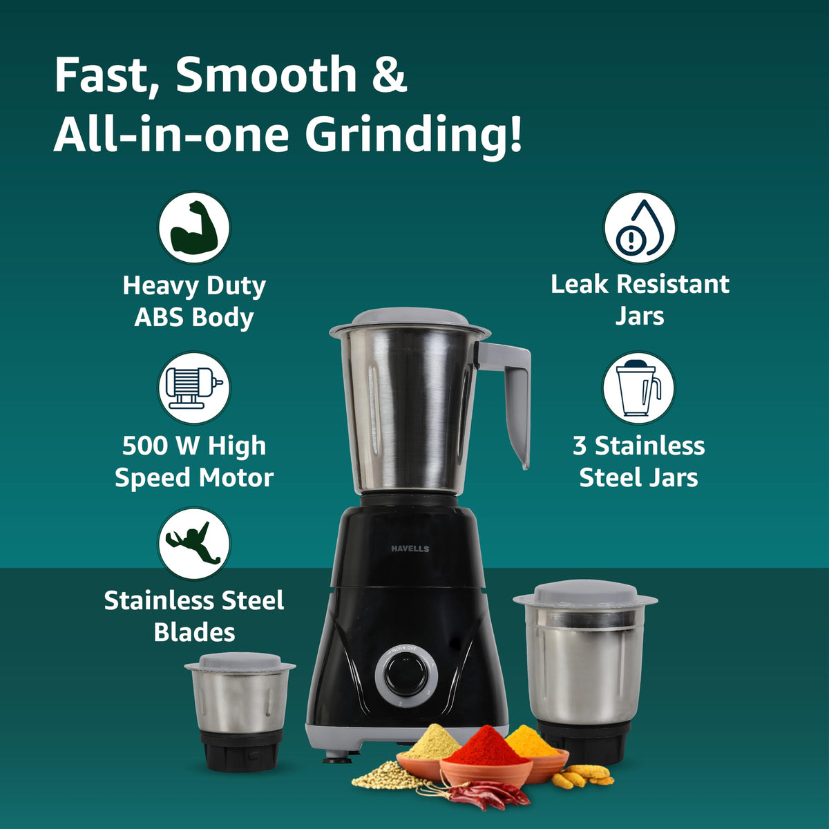 Havells Pulse 500 Watt Mixer Grinder|3 Stainless Steel Leak-Resistant Jars (400ml, 800ml, 1.2L)|3 Speed Control|Heavy-Duty ABS Body|Durable SS Blades|Air Vent Technology |1 Year Product Warranty|Black 