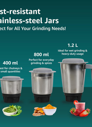 Havells Pulse 500 Watt Mixer Grinder|3 Stainless Steel Leak-Resistant Jars (400ml, 800ml, 1.2L)|3 Speed Control|Heavy-Duty ABS Body|Durable SS Blades|Air Vent Technology |1 Year Product Warranty|Black 