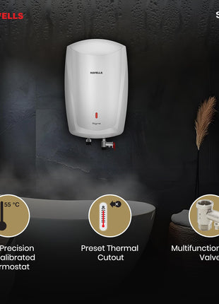 Havells Signa 5 Litre Instant Water Heater(Geyser)| Twin LED Indicator| Rust and Shock Proof Body| ISI Marked| Fire Retardant Power Cord| Warranty: 5 year on inner tank & 2 year comprehensive (White) 