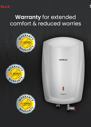 Havells Signa 5 Litre Instant Water Heater(Geyser)| Twin LED Indicator| Rust and Shock Proof Body| ISI Marked| Fire Retardant Power Cord| Warranty: 5 year on inner tank & 2 year comprehensive (White) 