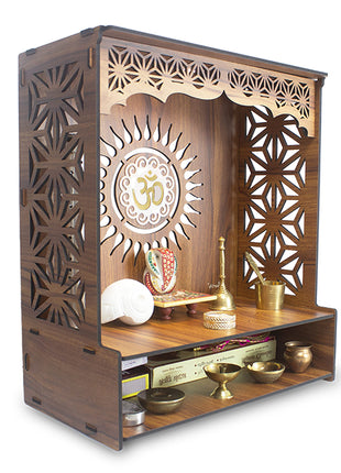 Heartily® Shree Beautiful Wooden Pooja Stand for Home Mandir for Home Temple for Home and Office Puja Mandir for Home and Office Wall with LED Spot Light Product (H- 18, L- 16, W-8.75 Inch) 