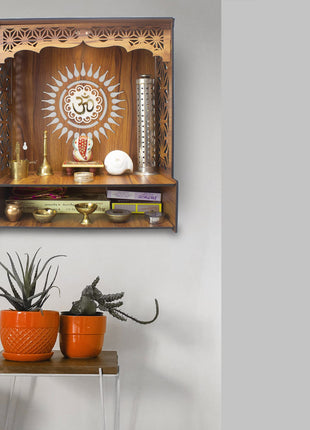 Heartily® Shree Beautiful Wooden Pooja Stand for Home Mandir for Home Temple for Home and Office Puja Mandir for Home and Office Wall with LED Spot Light Product (H- 18, L- 16, W-8.75 Inch) 