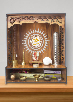 Heartily® Shree Beautiful Wooden Pooja Stand for Home Mandir for Home Temple for Home and Office Puja Mandir for Home and Office Wall with LED Spot Light Product (H- 18, L- 16, W-8.75 Inch) 