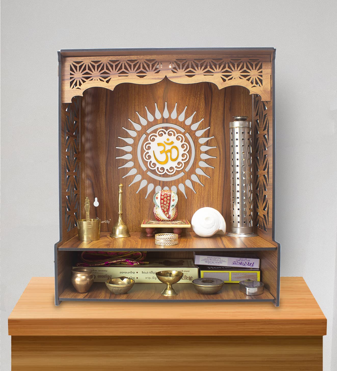 Heartily® Shree Beautiful Wooden Pooja Stand for Home Mandir for Home Temple for Home and Office Puja Mandir for Home and Office Wall with LED Spot Light Product (H- 18, L- 16, W-8.75 Inch) 