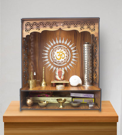 Heartily® Shree Beautiful Wooden Pooja Stand for Home Mandir for Home Temple for Home and Office Puja Mandir for Home and Office Wall with LED Spot Light Product (H- 18, L- 16, W-8.75 Inch) 