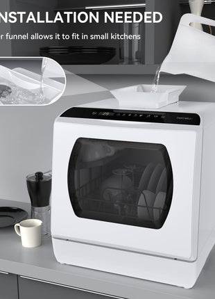 Hermitlux Countertop Dishwasher, 5 Washing Programs Portable Dishwasher With 5-Liter Built-in Water Tank For Glass Door 