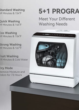 Hermitlux Countertop Dishwasher, 5 Washing Programs Portable Dishwasher With 5-Liter Built-in Water Tank For Glass Door 