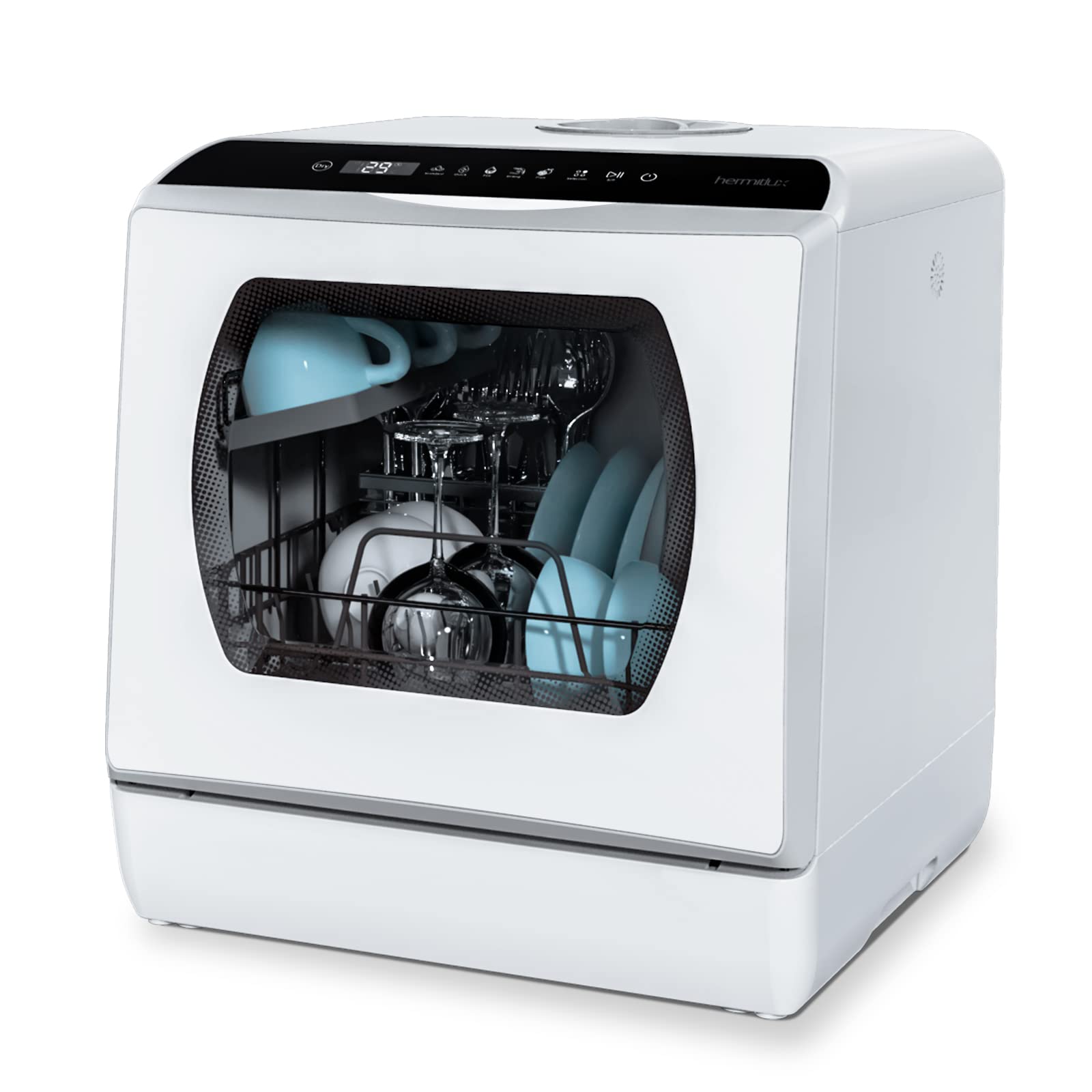 Hermitlux Countertop Dishwasher, 5 Washing Programs Portable Dishwasher With 5-Liter Built-in Water Tank For Glass Door 