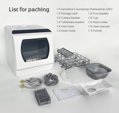 Hermitlux Countertop Dishwasher, 5 Washing Programs Portable Dishwasher With 5-Liter Built-in Water Tank For Glass Door 