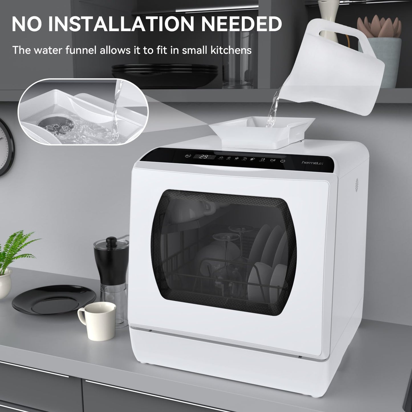 Hermitlux Countertop Dishwasher, 5 Washing Programs Portable Dishwasher With 5-Liter Built-in Water Tank For Glass Door 