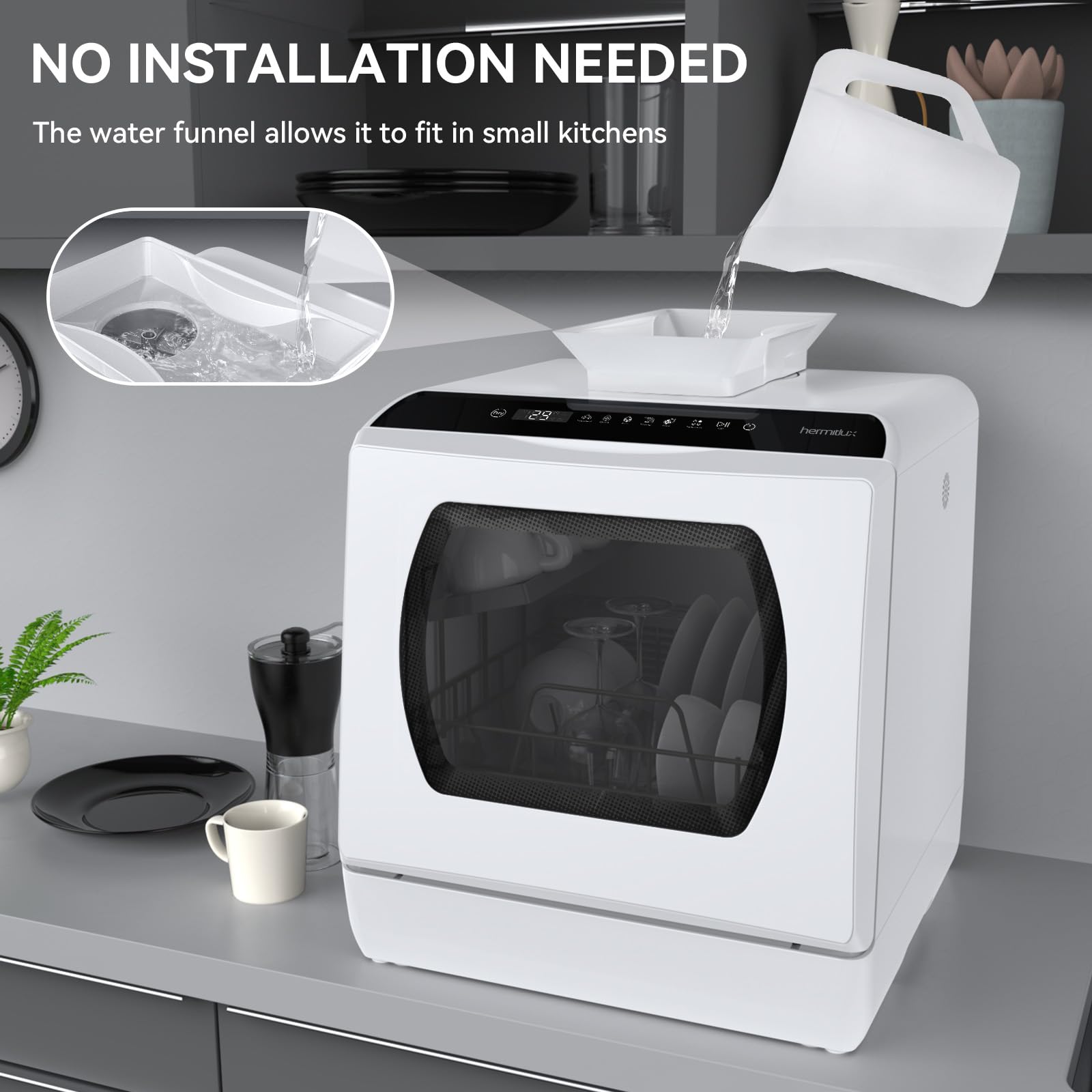 Hermitlux Countertop Dishwasher, 5 Washing Programs Portable Dishwasher With 5-Liter Built-in Water Tank For Glass Door 