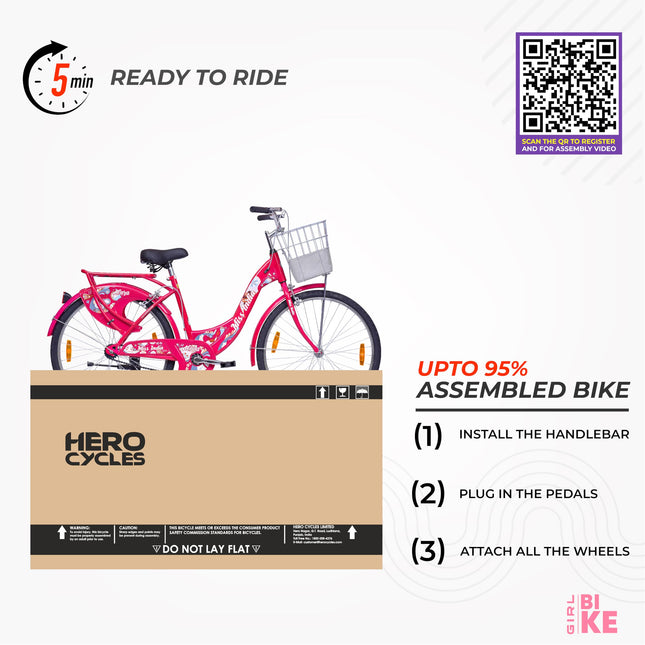 Hero Alora 26T Girls/Women's Cycle – 18" Frame, Pink, with Basket & Carrier | Wire Brakes | Rigid Fork | for 13+ Years | 95% Assembled – Ready to Ride in 5 Mins 