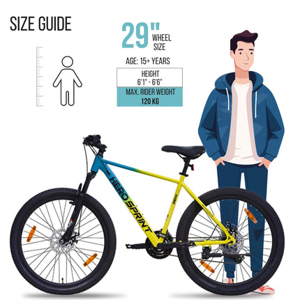 Hero Blunt 29T 21 Speed Mountain Cycle for Men | Front Suspension | Disk Brake | Frame 12 Inches | Blue-Yellow | Ideal for 15+ Yrs | 85% Assembled Cycle 