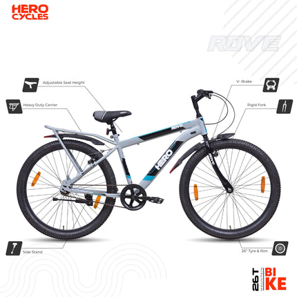 Hero Mountain Bike Rove 26T Bicycle for Mens | Inbuilt Carrier | Rigid Suspension | V Brake | Grey-Green | Frame:17 Inches | 95% Assembled Cycle(Ready to Ride in 5 Min) 