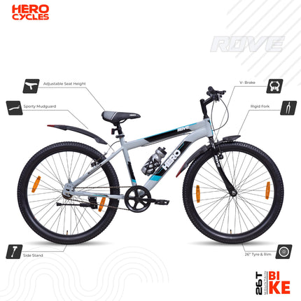 Hero Mountain Bike Rove Sports 26T Bicycle for Mens | Rigid Suspension | V Brake | Grey-Green | Frame:17 Inches | 95% Assembled Cycle(Ready to Ride in 5 Min) 