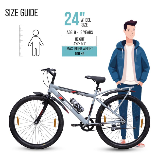 Hero Next 24T Ranger Sports Bicycle | Single Speed | Internal Carrier | Power Brake | 85% Semi Assembled | Girls Boys | Age 9-13Years | Grey Red 