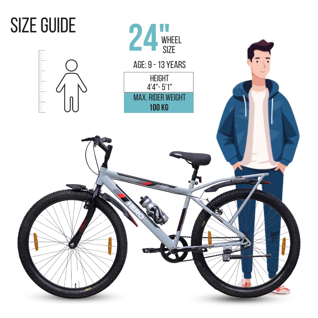 Hero Next 24T Single Speed Mountain Bicycle for Mens | Rigid Suspension | Integrated Carrier | V Brake | Quick Release Seat (Grey-Red) 
