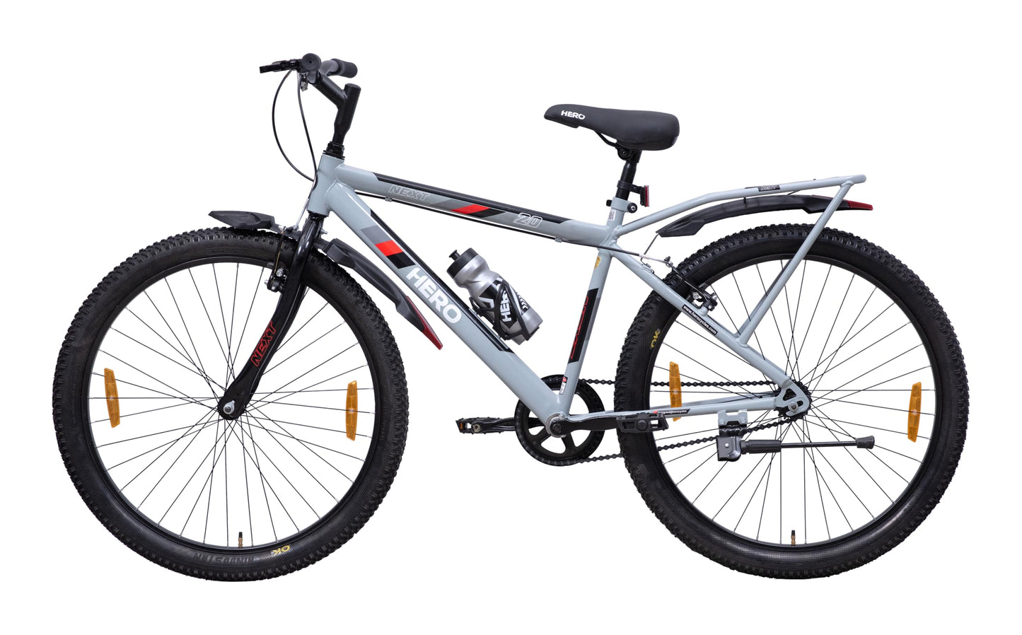 Hero Next 24T Single Speed Mountain Bicycle for Mens | Rigid Suspension | Integrated Carrier | V Brake | Quick Release Seat (Grey-Red) 