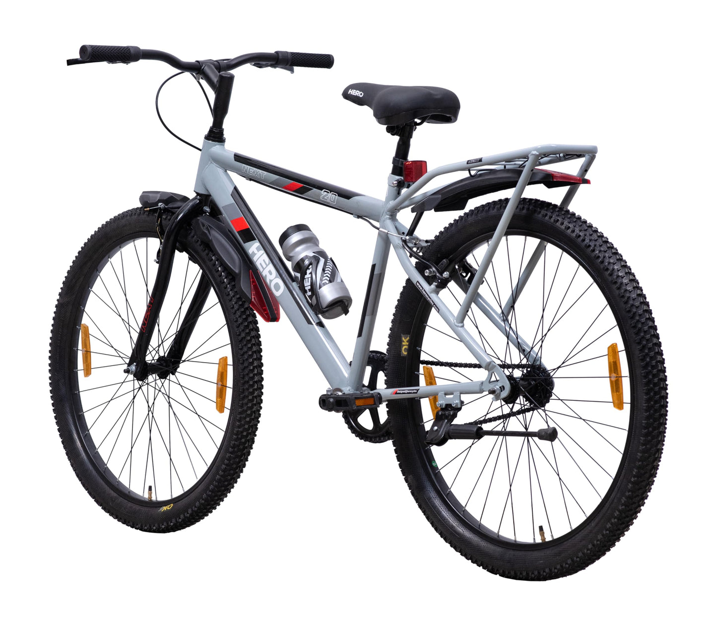 Hero Next 24T Single Speed Mountain Bicycle for Mens | Rigid Suspension | Integrated Carrier | V Brake | Quick Release Seat (Grey-Red) 