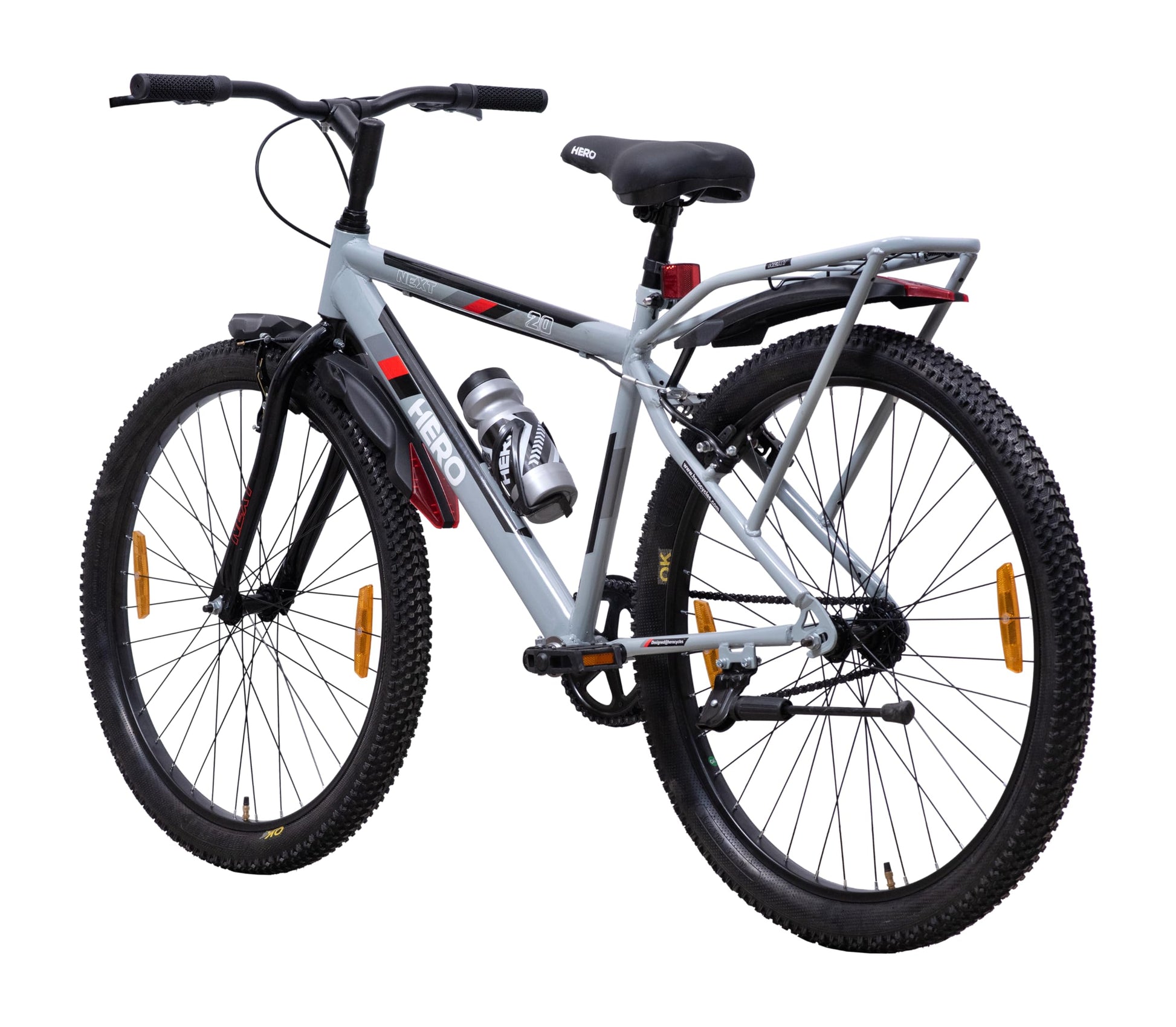 Hero Next 24T Single Speed Mountain Bicycle for Mens | Rigid Suspension | Integrated Carrier | V Brake | Quick Release Seat (Grey-Red) 