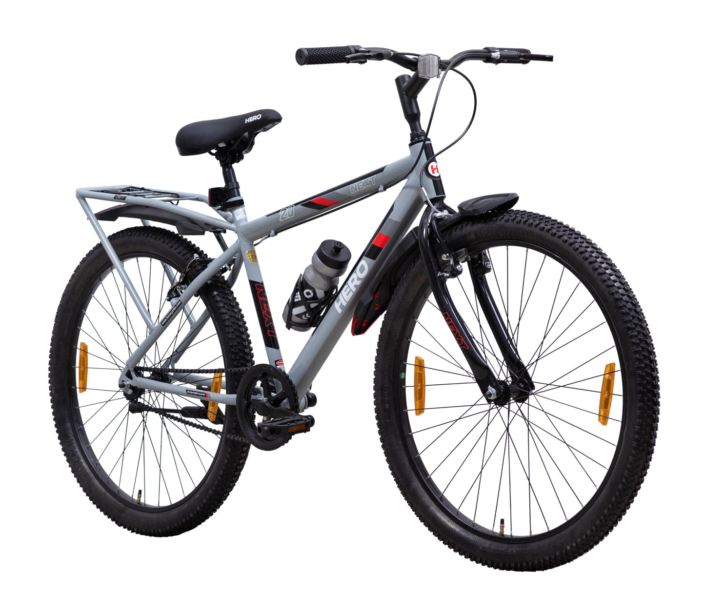 Hero Next 24T Single Speed Mountain Bicycle for Mens | Rigid Suspension | Integrated Carrier | V Brake | Quick Release Seat (Grey-Red) 