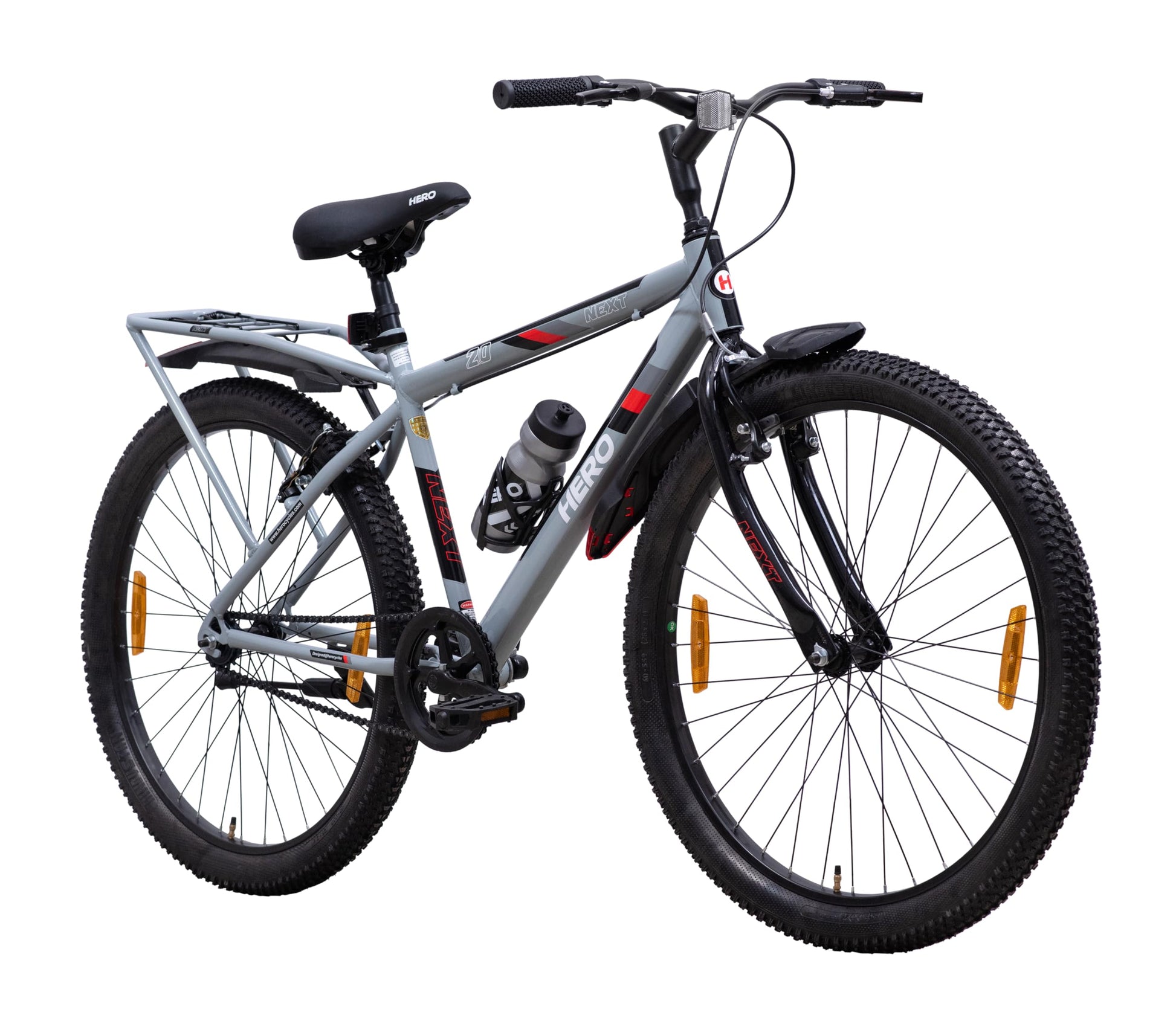 Hero Next 24T Single Speed Mountain Bicycle for Mens | Rigid Suspension | Integrated Carrier | V Brake | Quick Release Seat (Grey-Red) 