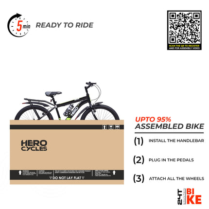 Hero Rove 24T Bicycle for Mens | Inbuilt Carrier | Rigid Suspension | V Brake | Black-Lime Green | Frame:15.5 Inches | 95% Assembled Cycle(Ready to Ride in 5 Min) 