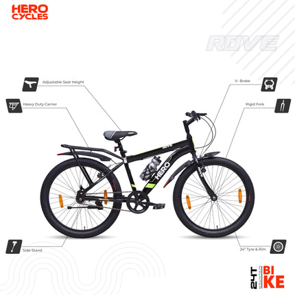 Hero Rove 24T Bicycle for Mens | Inbuilt Carrier | Rigid Suspension | V Brake | Black-Lime Green | Frame:15.5 Inches | 95% Assembled Cycle(Ready to Ride in 5 Min) 