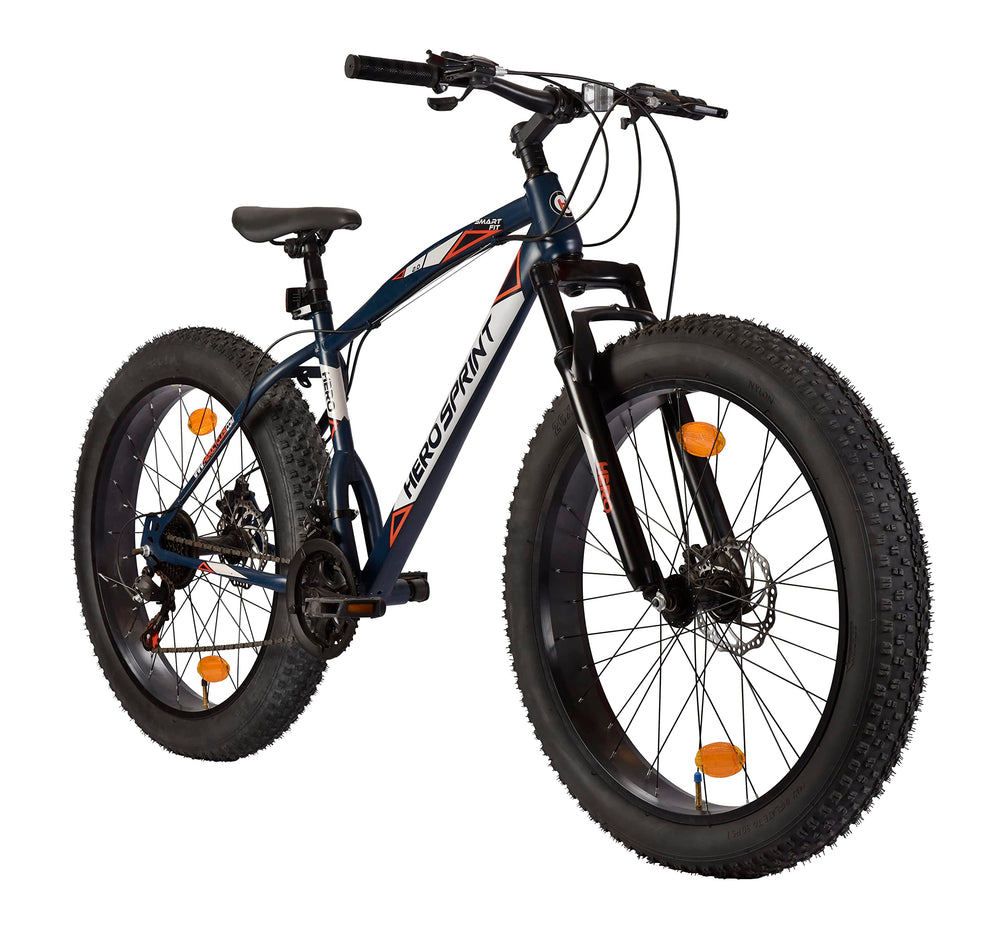 Hero Smart Fit 26T Fat tyre MTB/City Cycle | 21 Speed Shimano Gears with Front Suspension and Dual disc Brakes | Navy Blue |Ideal Age 12+ Years for Men and Women price under 30000