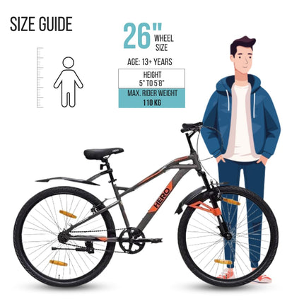 Hero Spinner 26T Single Speed Cycle | MTB | Grey | Front Suspension | Unisex | Single Speed | 95% Assembled Cycle(Ready to Ride in 5 Min) 