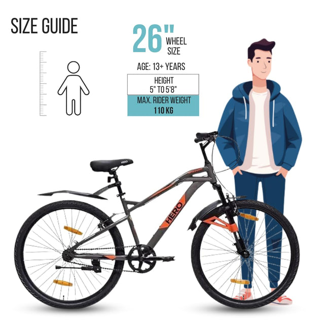 Hero Spinner 26T Single Speed Cycle | MTB | Grey | Front Suspension | Unisex | Single Speed | 95% Assembled Cycle(Ready to Ride in 5 Min) 